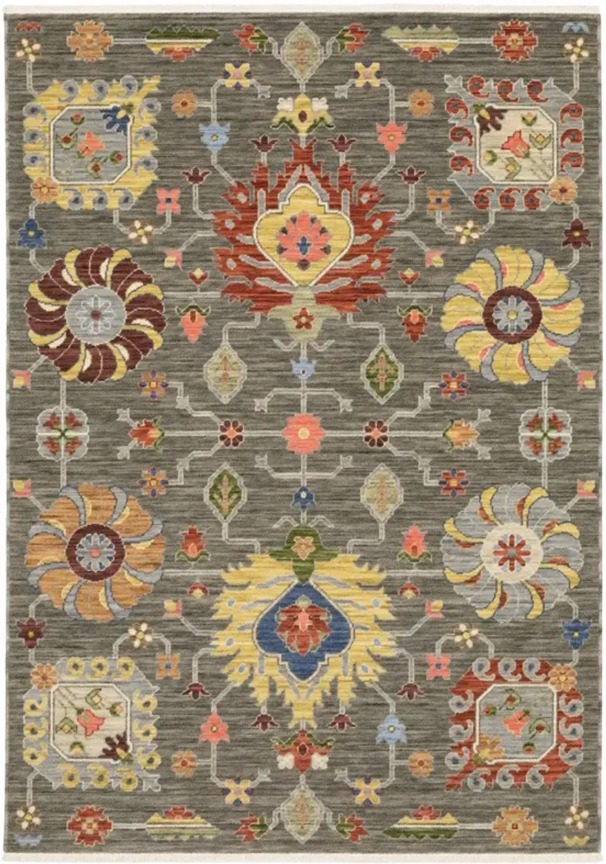2 X 3 grey charcoal Yellow Blue Rust Red Pink green And Ivory Oriental Power Loom Stain Resistant Area Rug With Fringe