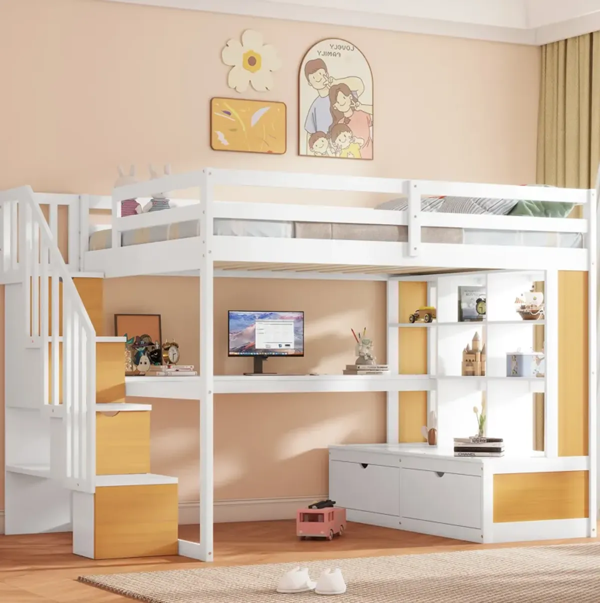 Merax Loft Bed with Desk and Storage Staircase