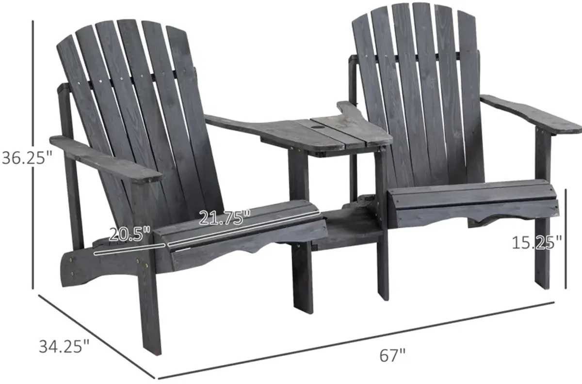 Outsunny Wooden Adirondack Chairs for Two People, Outdoor Fire Pit Chair with Table & Umbrella Hole, Patio Chair for Deck Lawn Pool Backyard, Gray