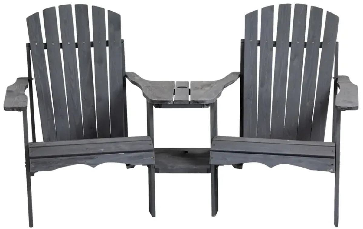 Outsunny Wooden Adirondack Chairs for Two People, Outdoor Fire Pit Chair with Table & Umbrella Hole, Patio Chair for Deck Lawn Pool Backyard, Gray