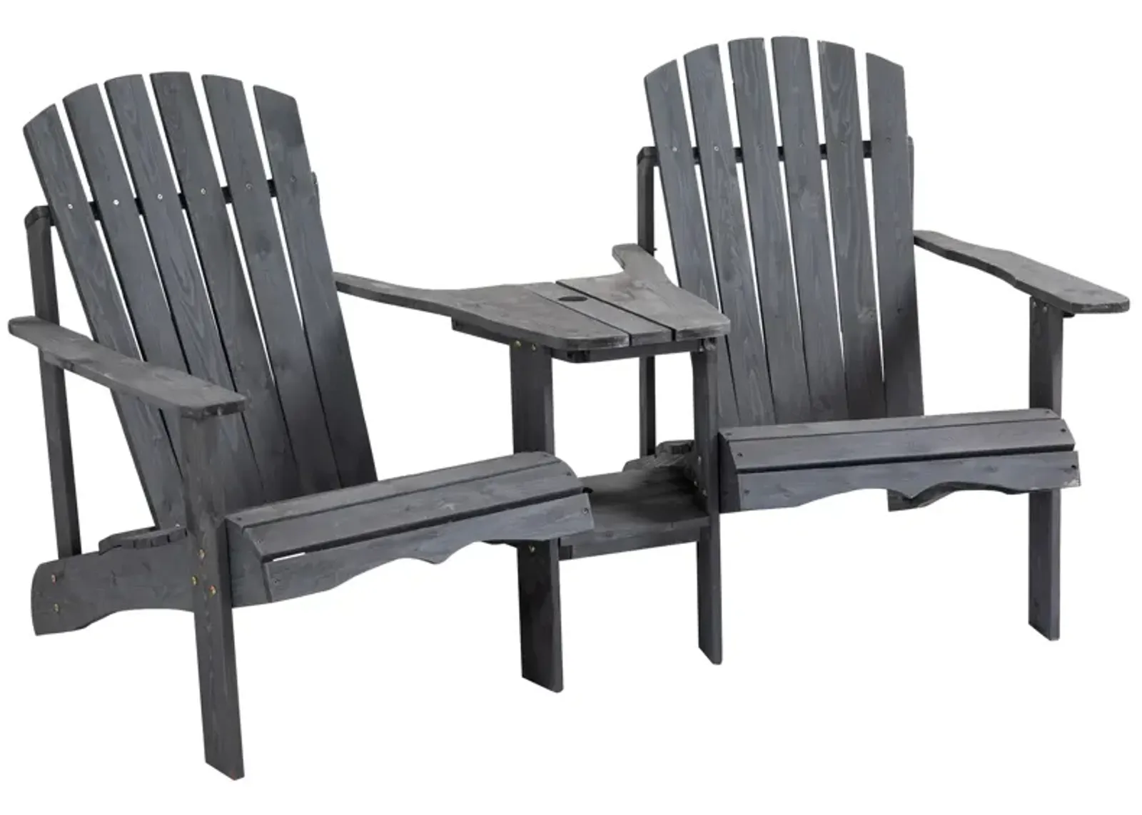 Outsunny Wooden Adirondack Chairs for Two People, Outdoor Fire Pit Chair with Table & Umbrella Hole, Patio Chair for Deck Lawn Pool Backyard, Gray