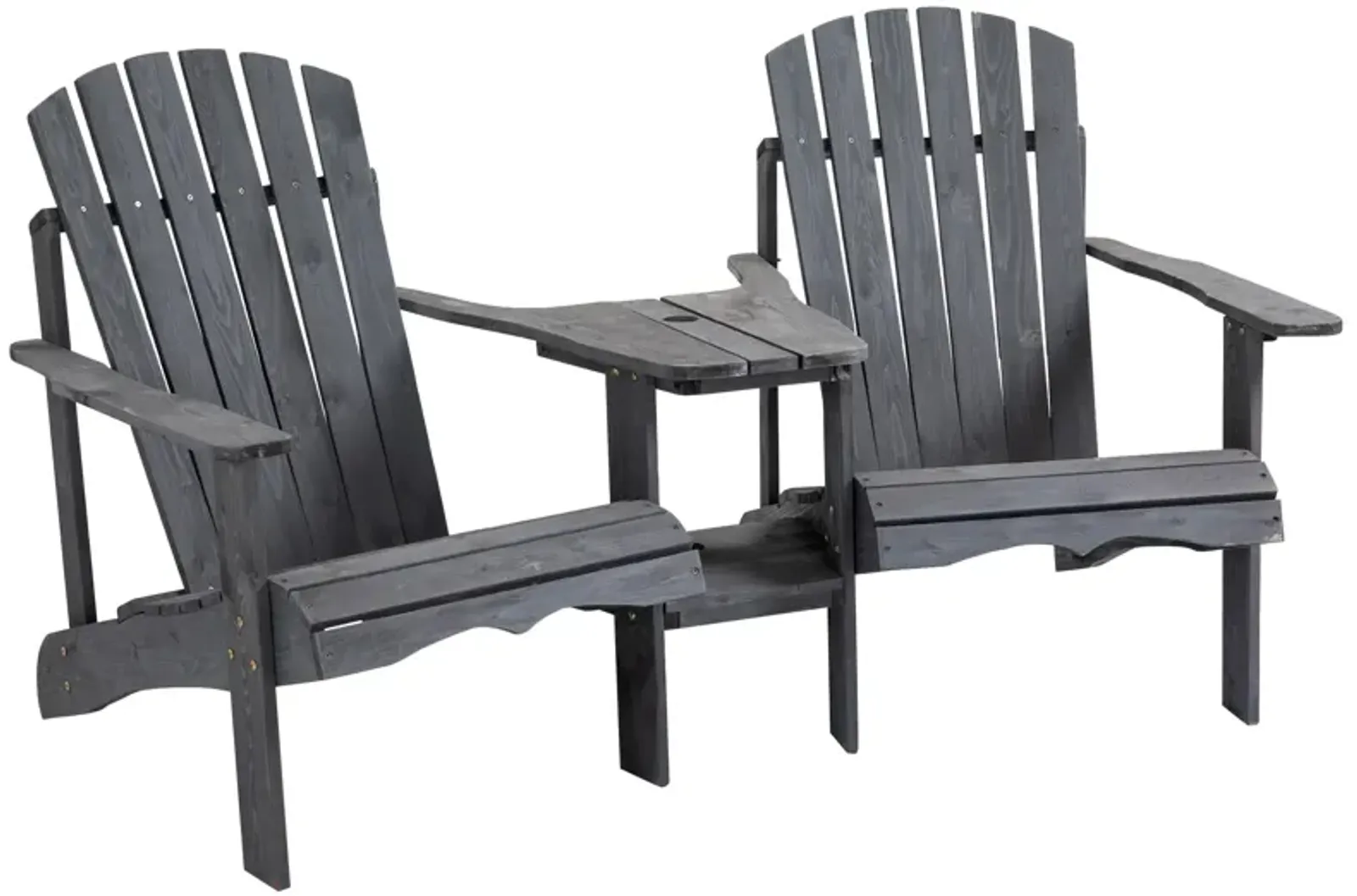 Outsunny Wooden Adirondack Chairs for Two People, Outdoor Fire Pit Chair with Table & Umbrella Hole, Patio Chair for Deck Lawn Pool Backyard, Gray