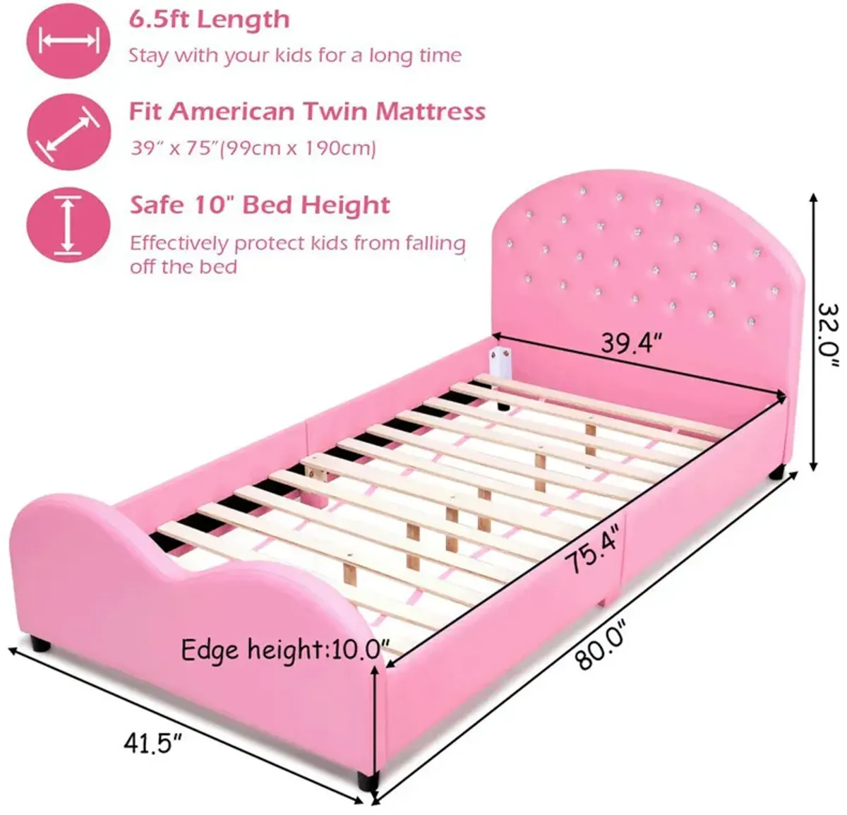 Twin Size Upholstered Platform Toddler Bed with Wood Slat Support