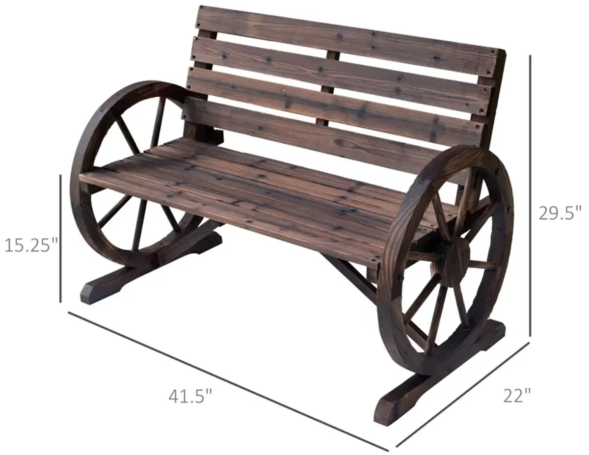 Rustic Outdoor Seating: 2-Person Carbonized Wagon Wheel Bench with Backrest