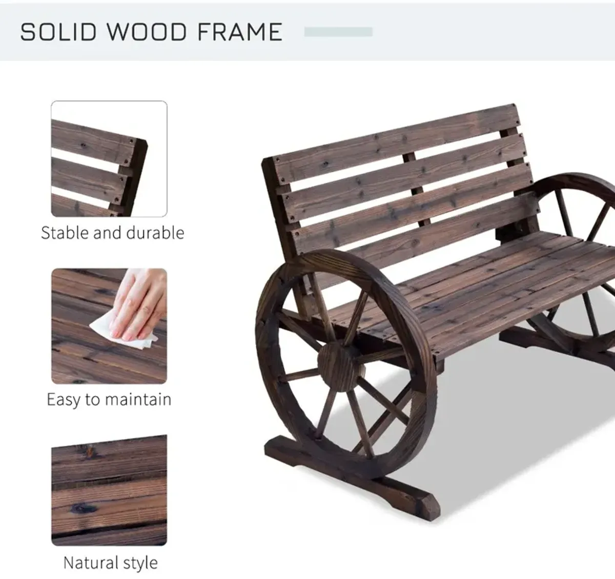 Rustic Outdoor Seating: 2-Person Carbonized Wagon Wheel Bench with Backrest