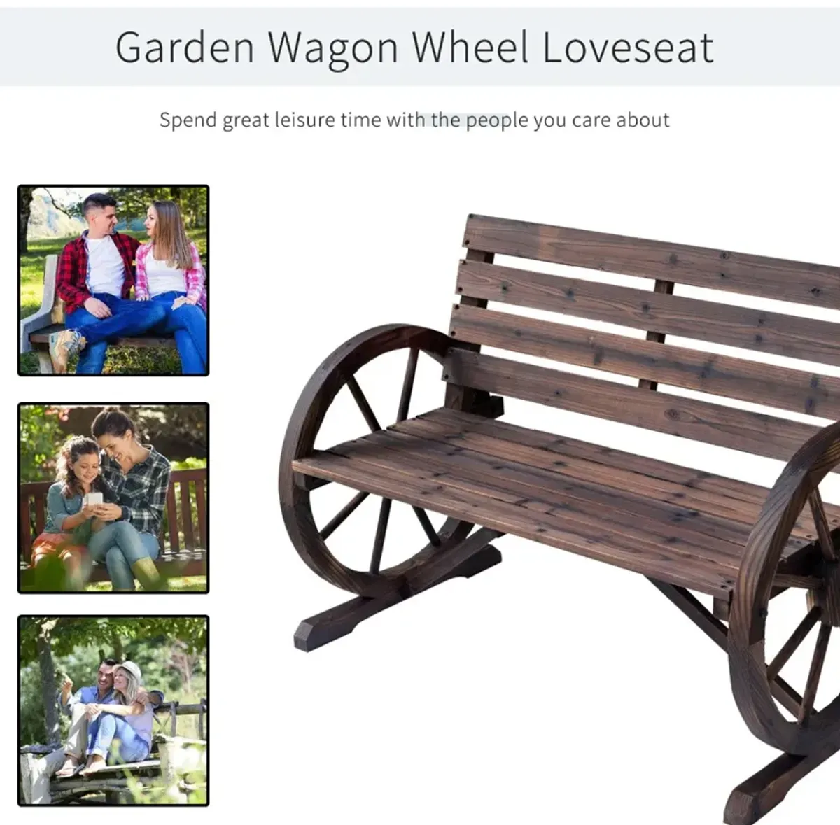 Rustic Outdoor Seating: 2-Person Carbonized Wagon Wheel Bench with Backrest