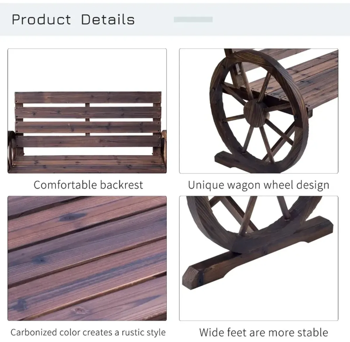 Rustic Outdoor Seating: 2-Person Carbonized Wagon Wheel Bench with Backrest