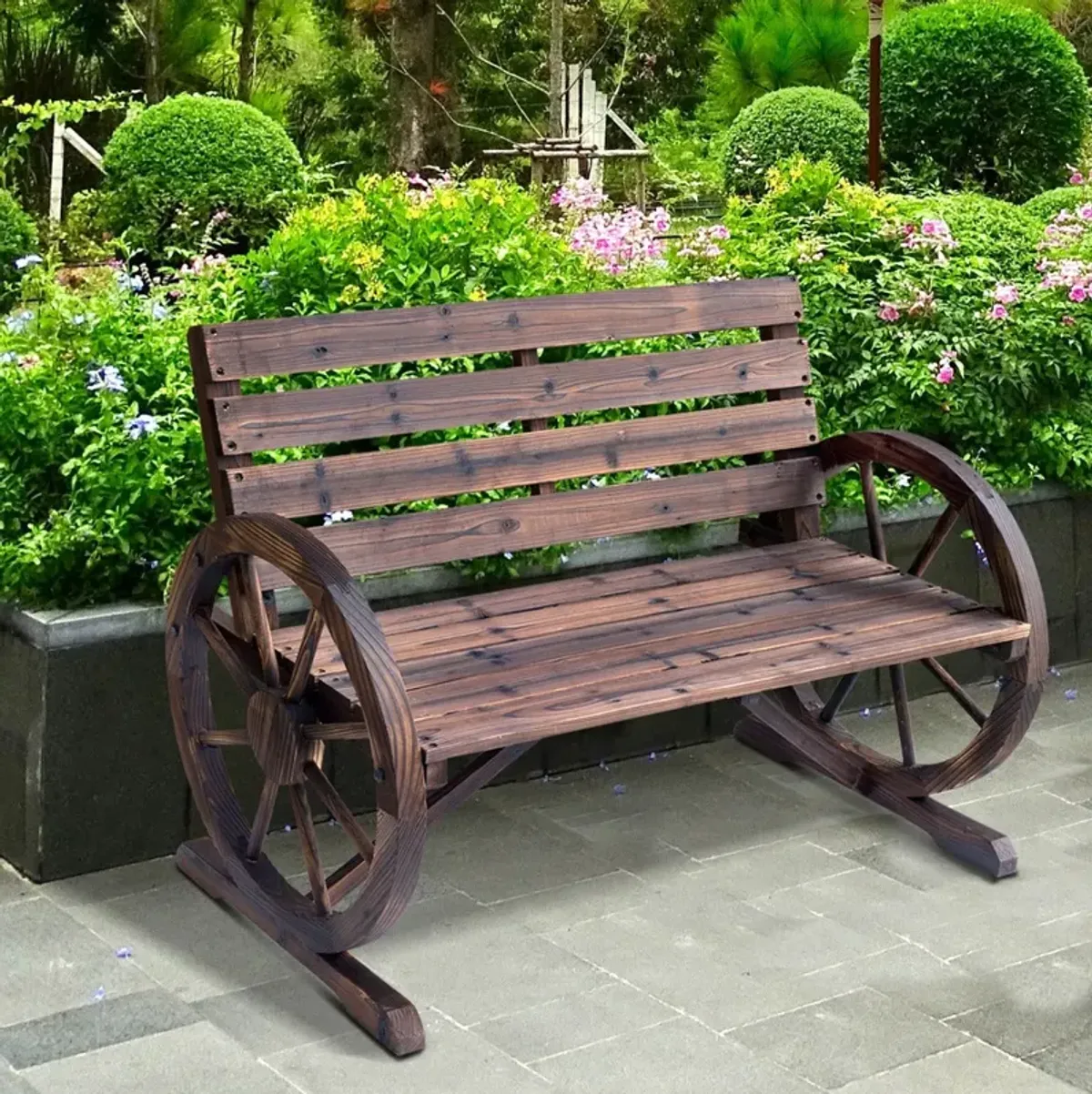 Rustic Outdoor Seating: 2-Person Carbonized Wagon Wheel Bench with Backrest