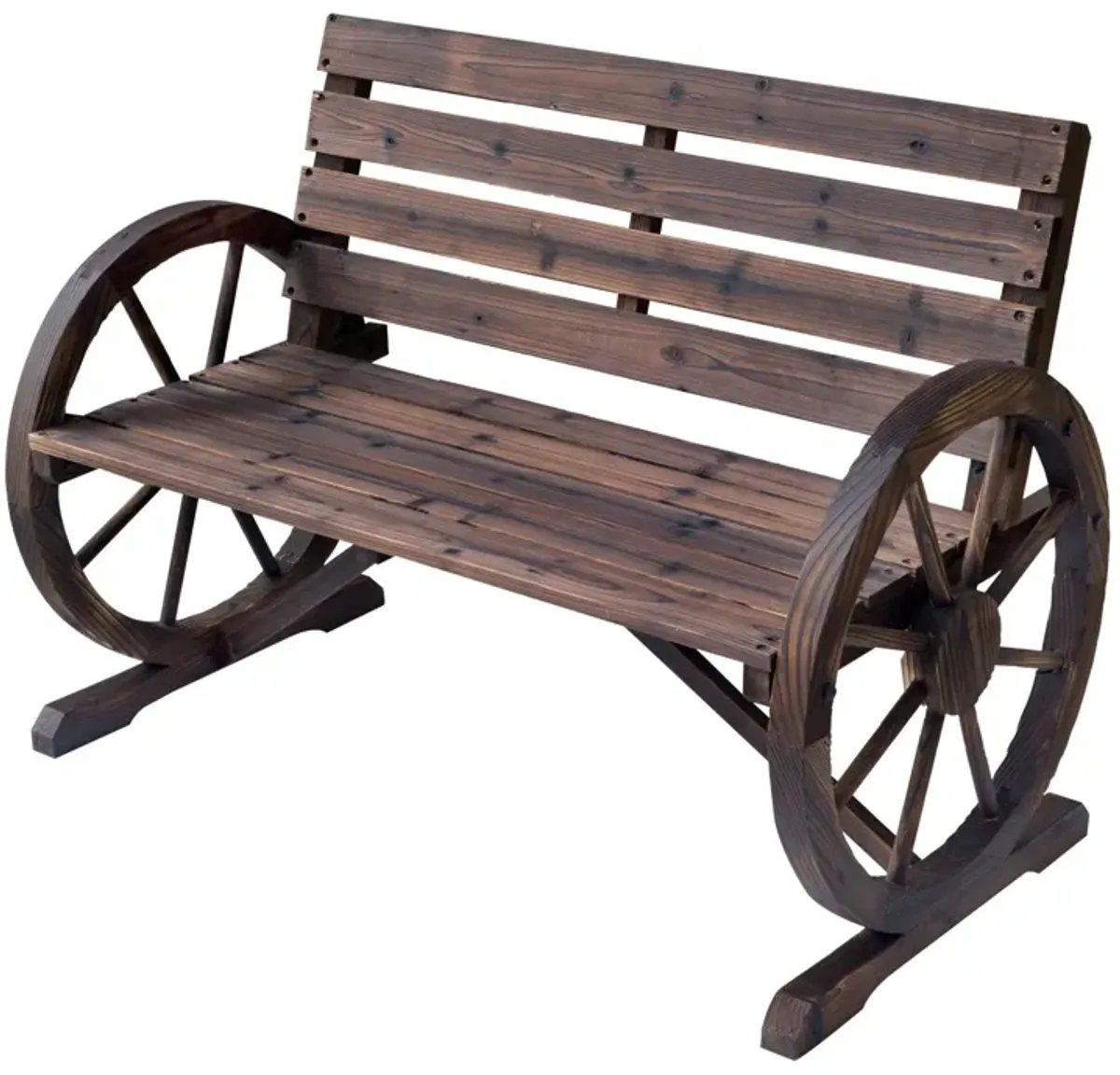 Rustic Outdoor Seating: 2-Person Carbonized Wagon Wheel Bench with Backrest