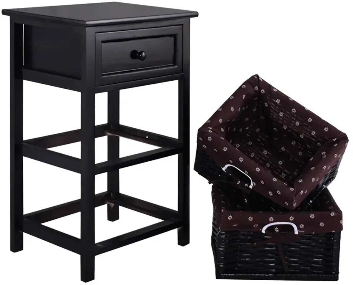 3 Tiers Wooden Storage Nightstand with 2 Baskets and 1 Drawer