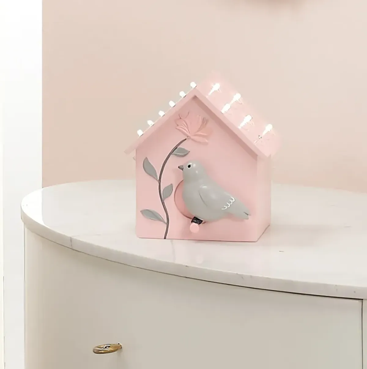 Lambs & Ivy Petals Pink/Gray Birdhouse Table Top Night Light LED Lamp