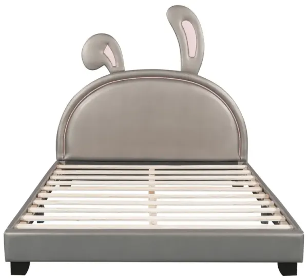 Full Size Upholstered Leather Platform Bed with Rabbit Ornament