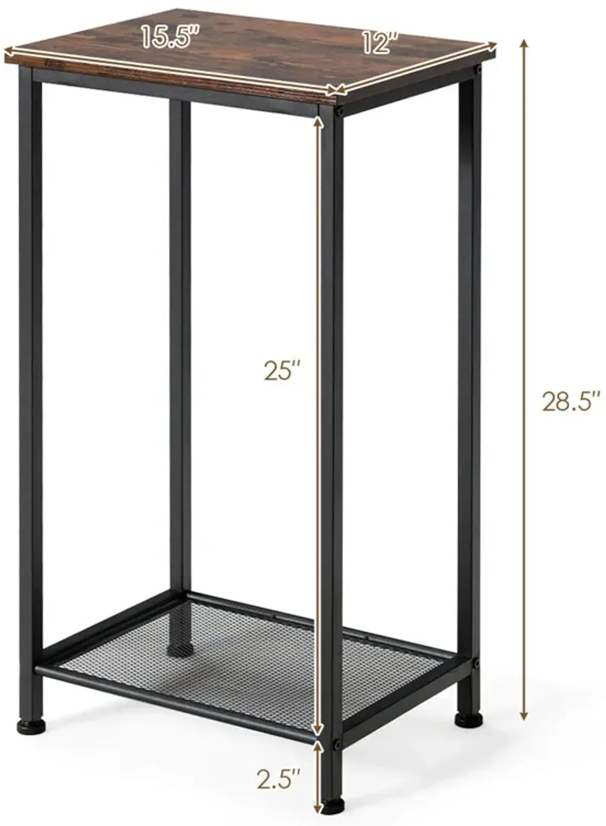 2-Tier Industrial End Table with Metal Mesh Storage Shelves