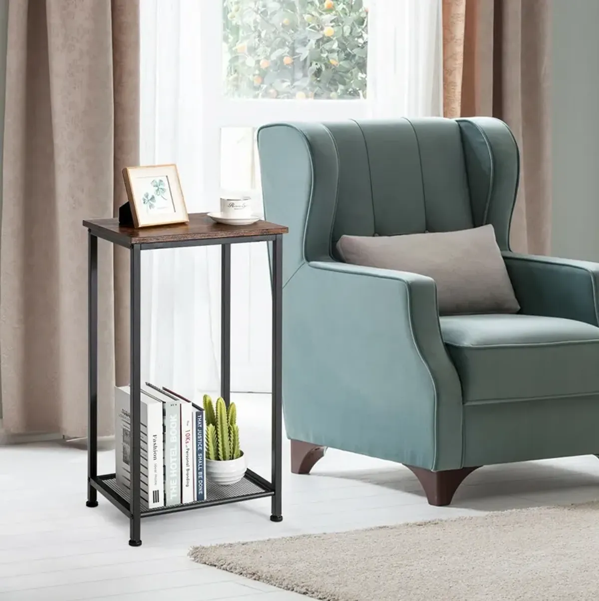 2-Tier Industrial End Table with Metal Mesh Storage Shelves