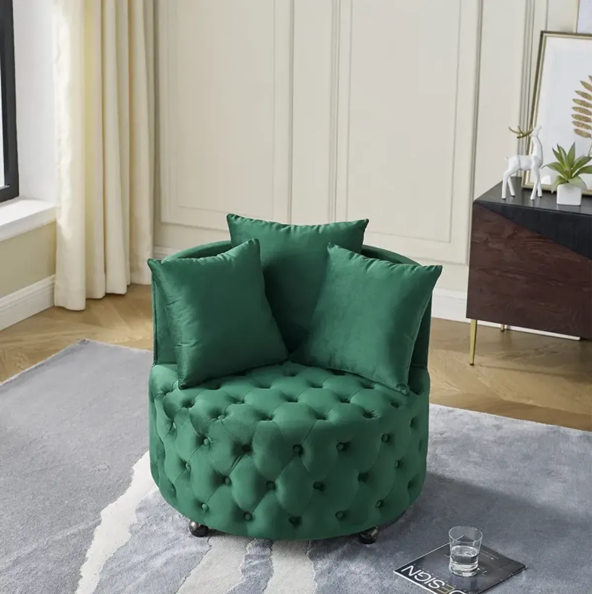 Green velvet swivel chair with 3 pillows & wheels