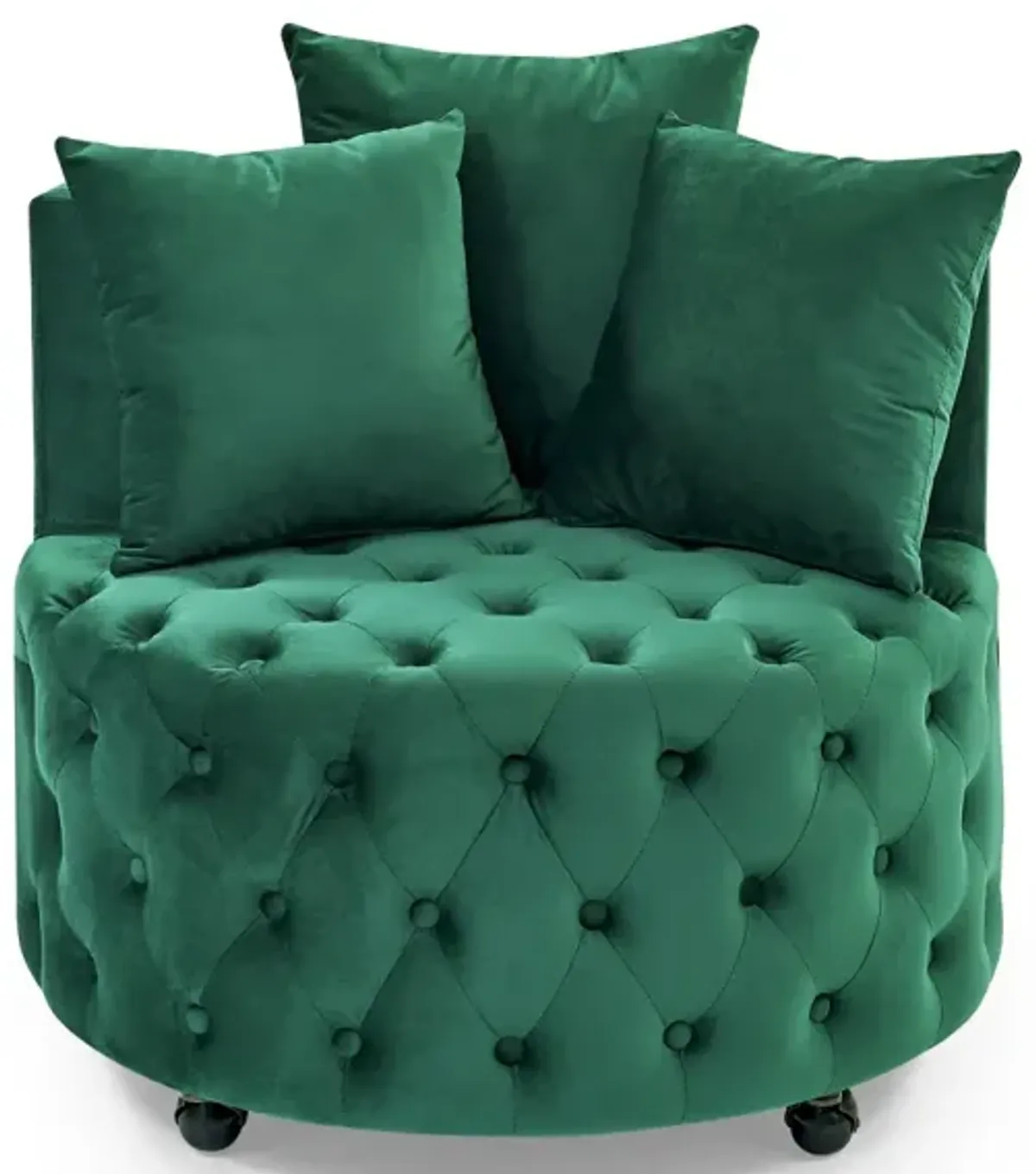 Green velvet swivel chair with 3 pillows & wheels