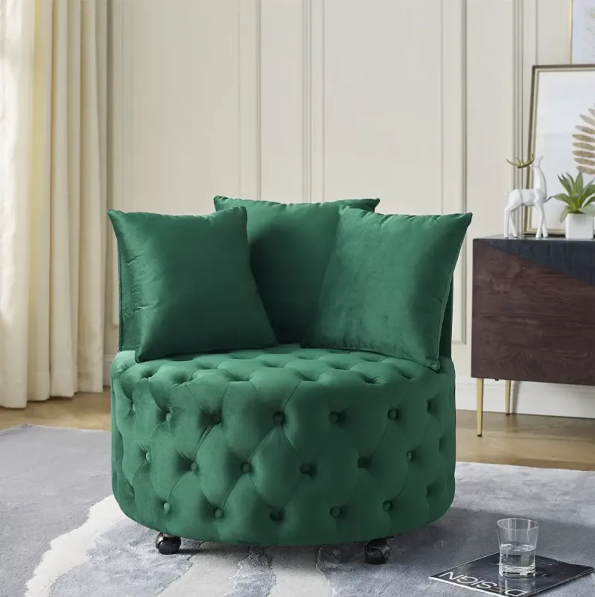 Green velvet swivel chair with 3 pillows & wheels