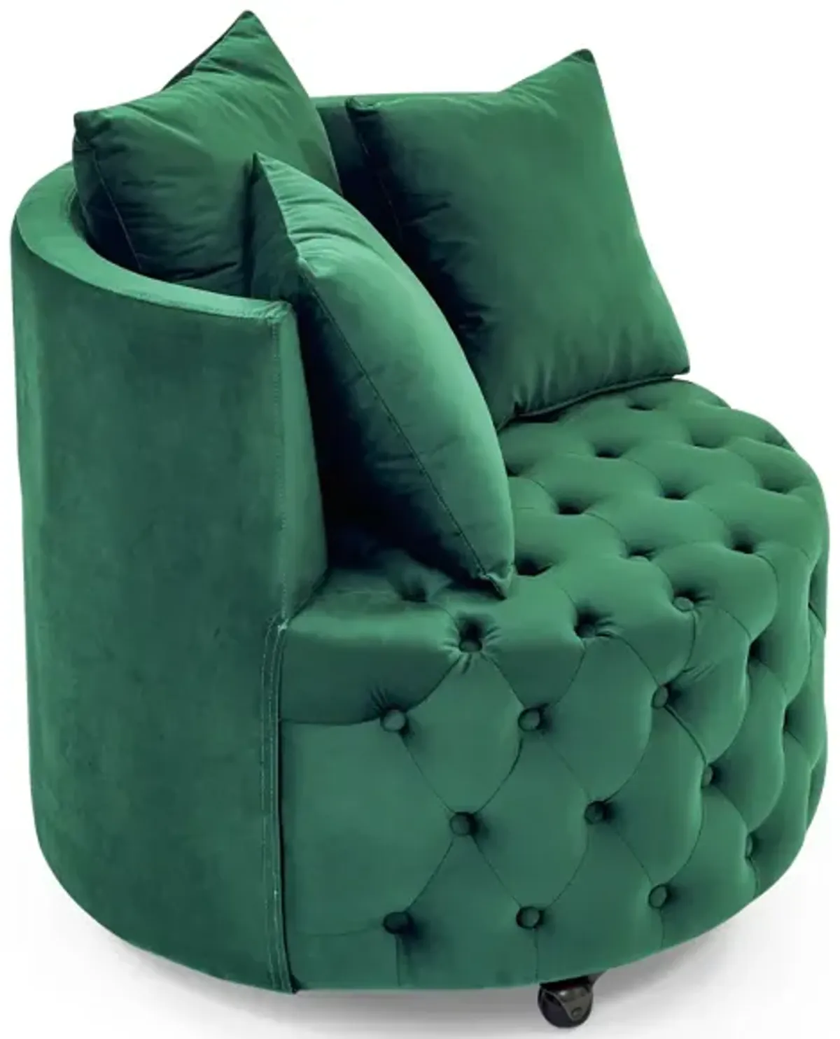 Green velvet swivel chair with 3 pillows & wheels