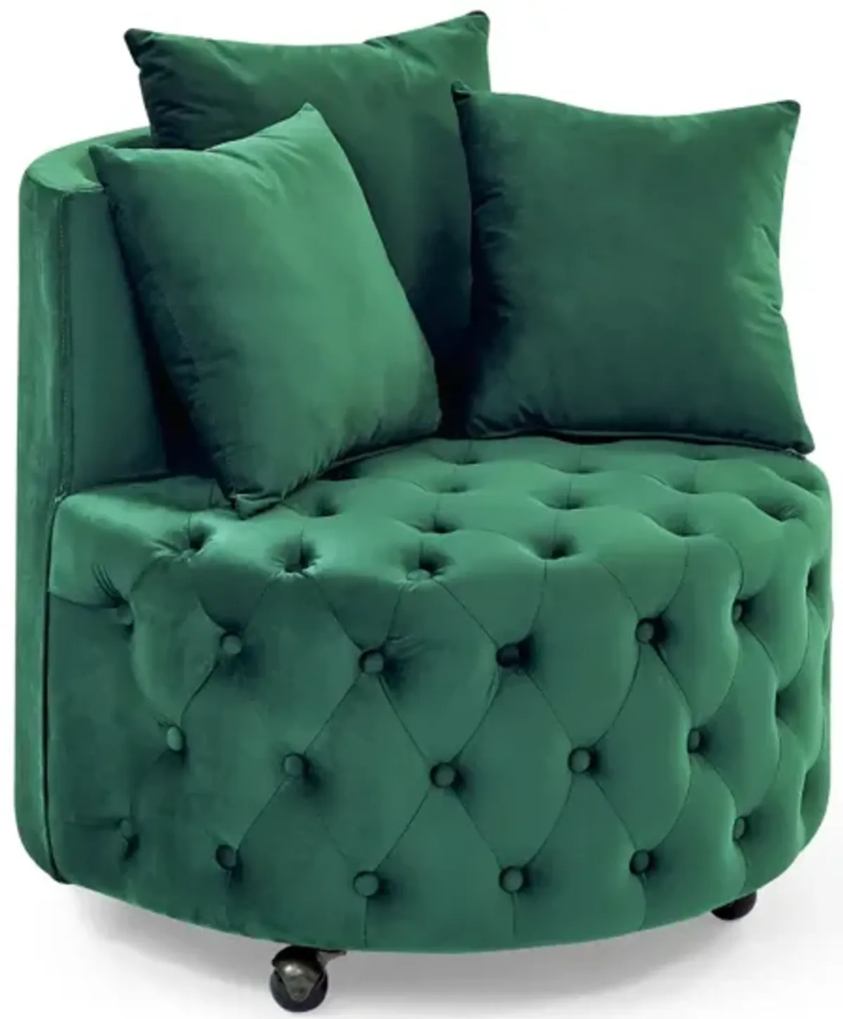 Green velvet swivel chair with 3 pillows & wheels