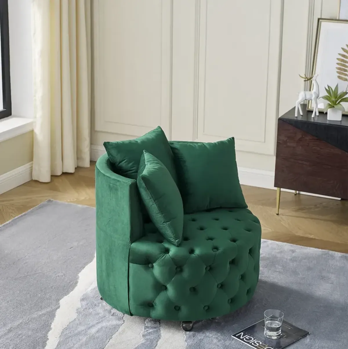 Green velvet swivel chair with 3 pillows & wheels