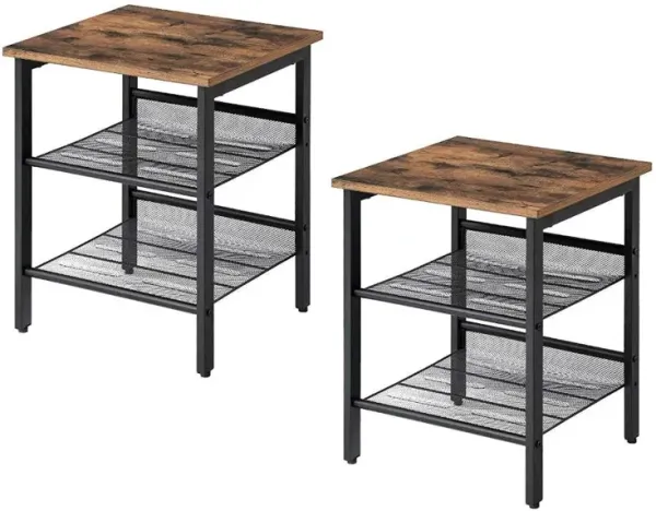Set of 2 Side Table Nightstand with Medium Wood Finish Top and Mesh Shelves