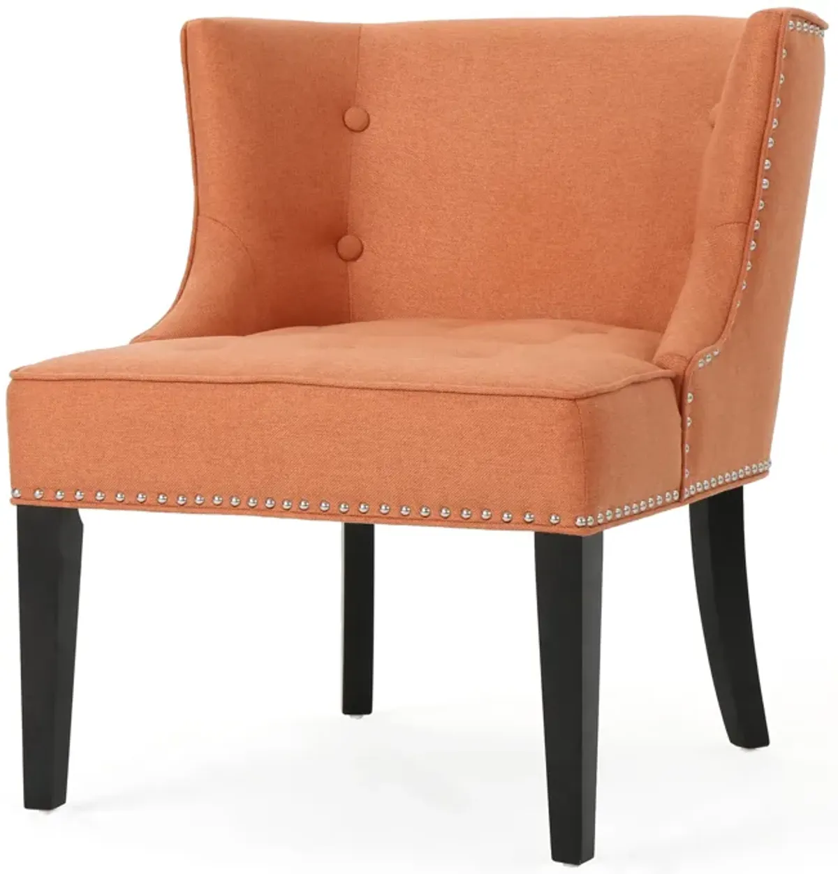 Samuel Accent Chair, Button Tufted Waffle Stitch Orange Fabric, Brown Wood - Benzara