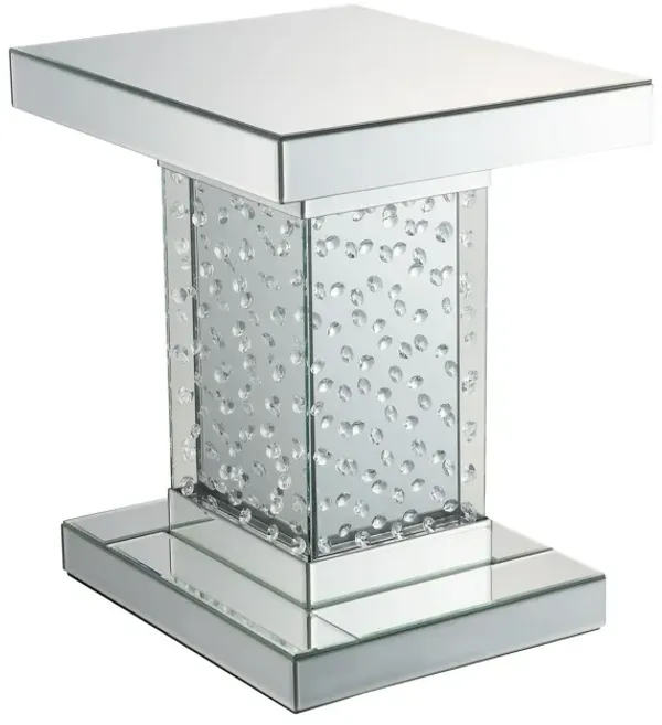 Pali 20 Inch Square Pedestal End Table, Mirrored, Faux Crystal Inlay, Silver-Benzara