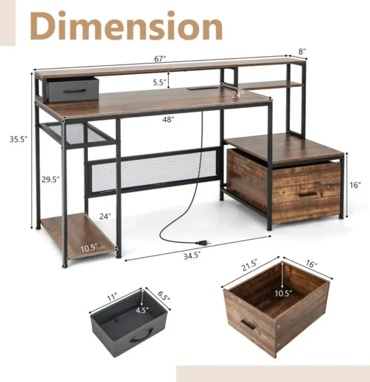 67 Inch Computer Desk with Monitor Stand & File Drawer-Rustic Brown