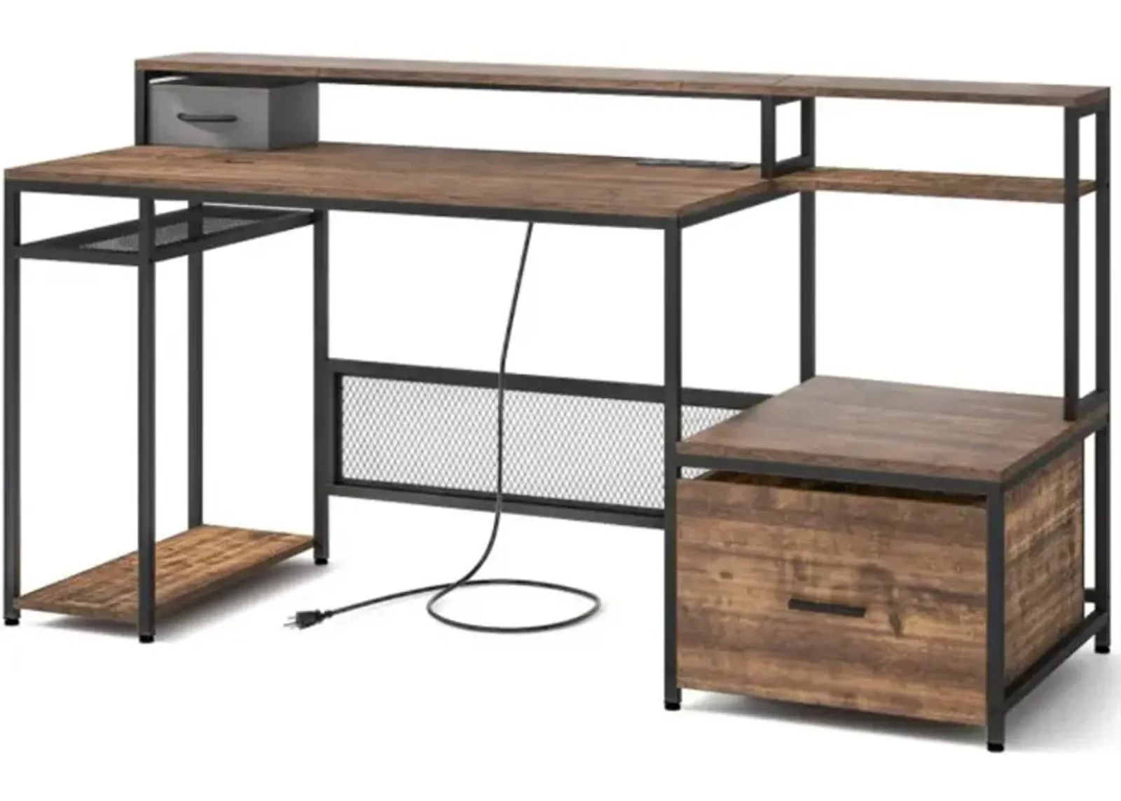 67 Inch Computer Desk with Monitor Stand & File Drawer-Rustic Brown