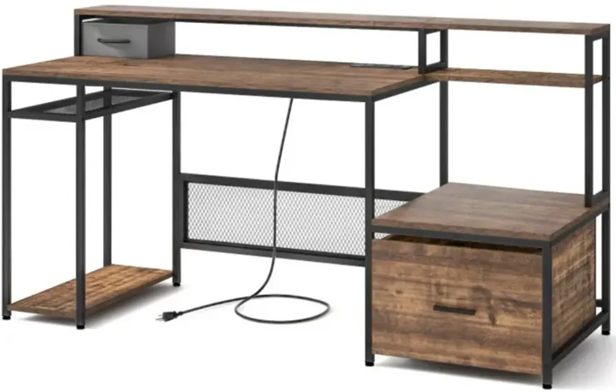 67 Inch Computer Desk with Monitor Stand & File Drawer-Rustic Brown