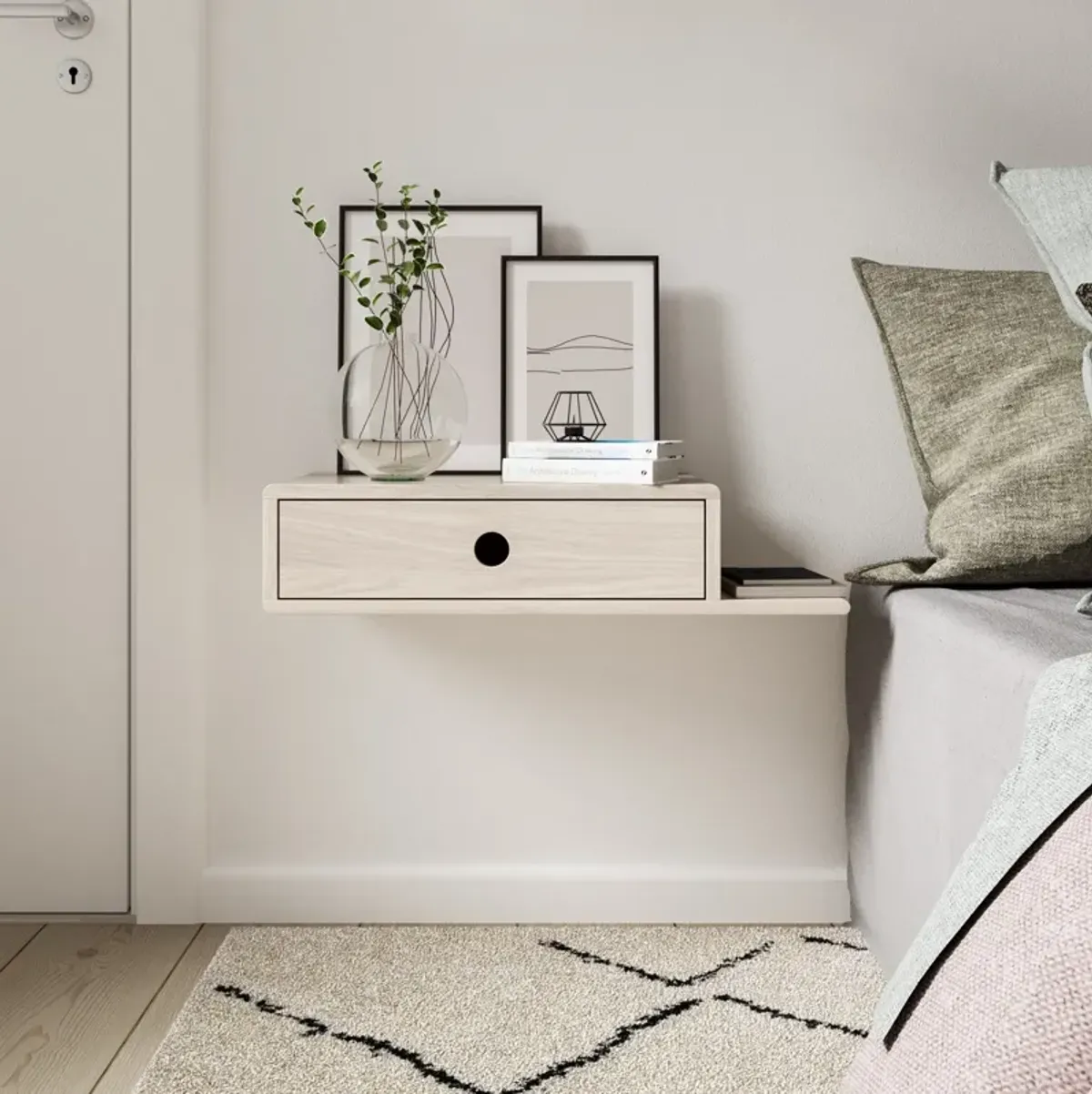 Solid Hardwood Floating  Nightstand  - Shelf On Right , Whitewash, Modern Nightstand with Drawer