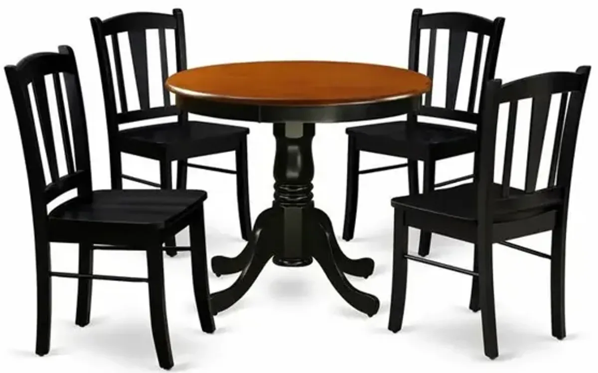 ANDL5-BLK-W - 5-Pc Kitchen Dining Room Set- 4 Dining Chairs and Kitchen Dining Table - Wooden Seat and Slatted Chair Back (Black Finish)