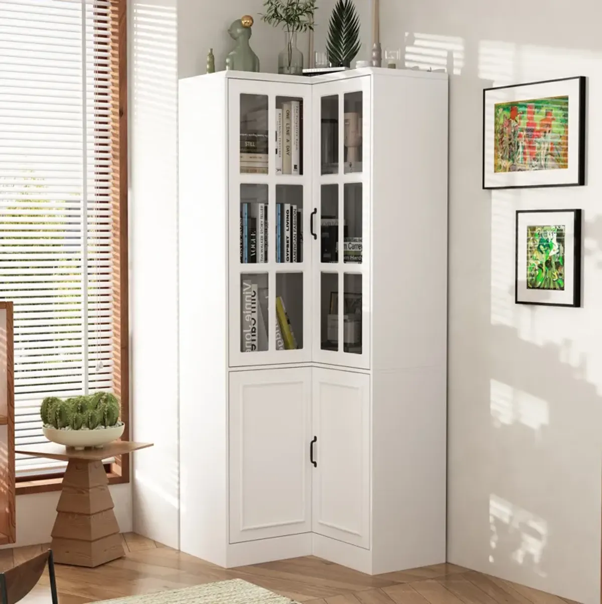 FUFU&GAGA White Mdf 5-Shelf Corner Bookcase with Doors (31.5-in W x 78.9-in H x 31.5-in D), White