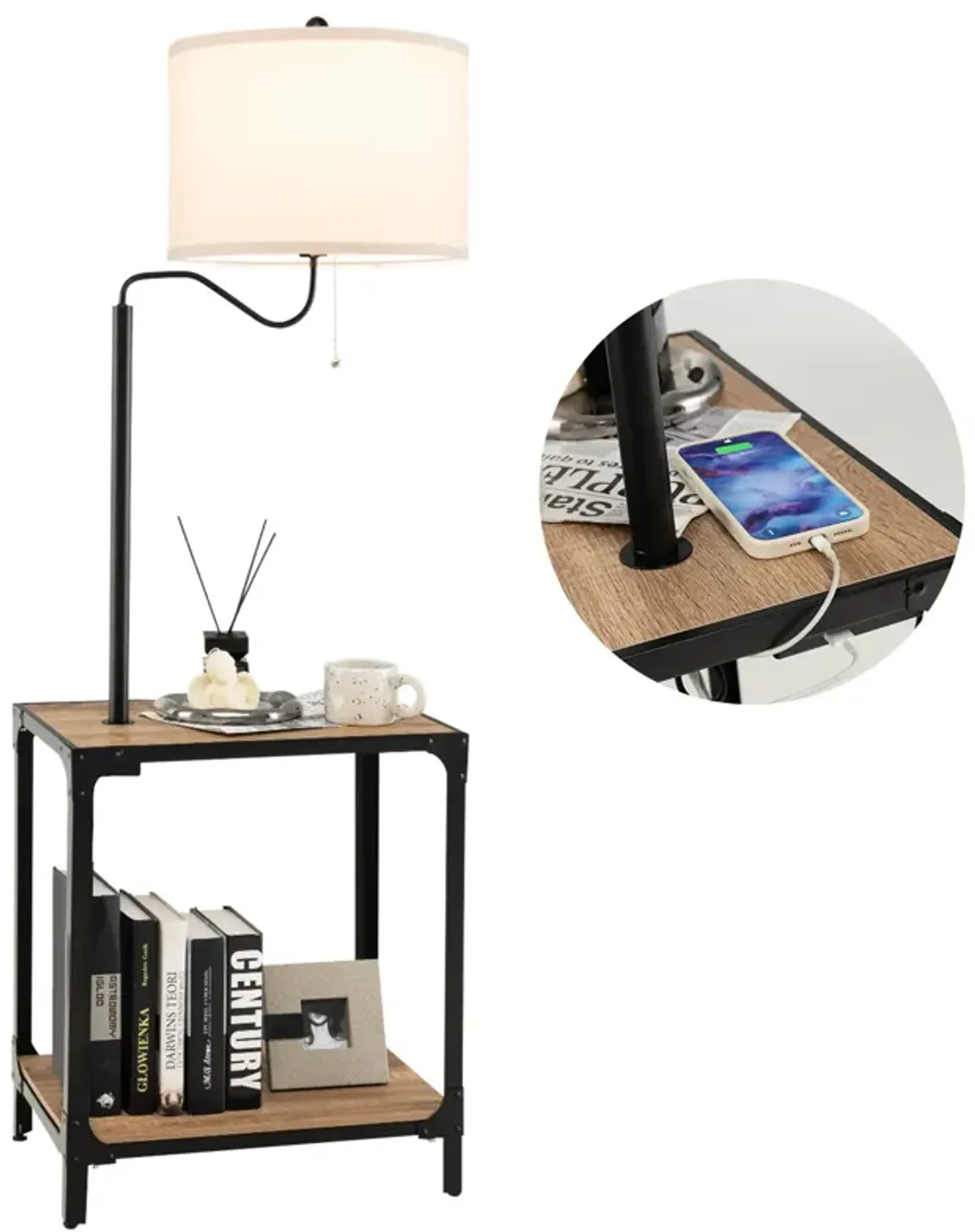 360� Rotatable Floor Lamp with End Table and USB Charging Ports