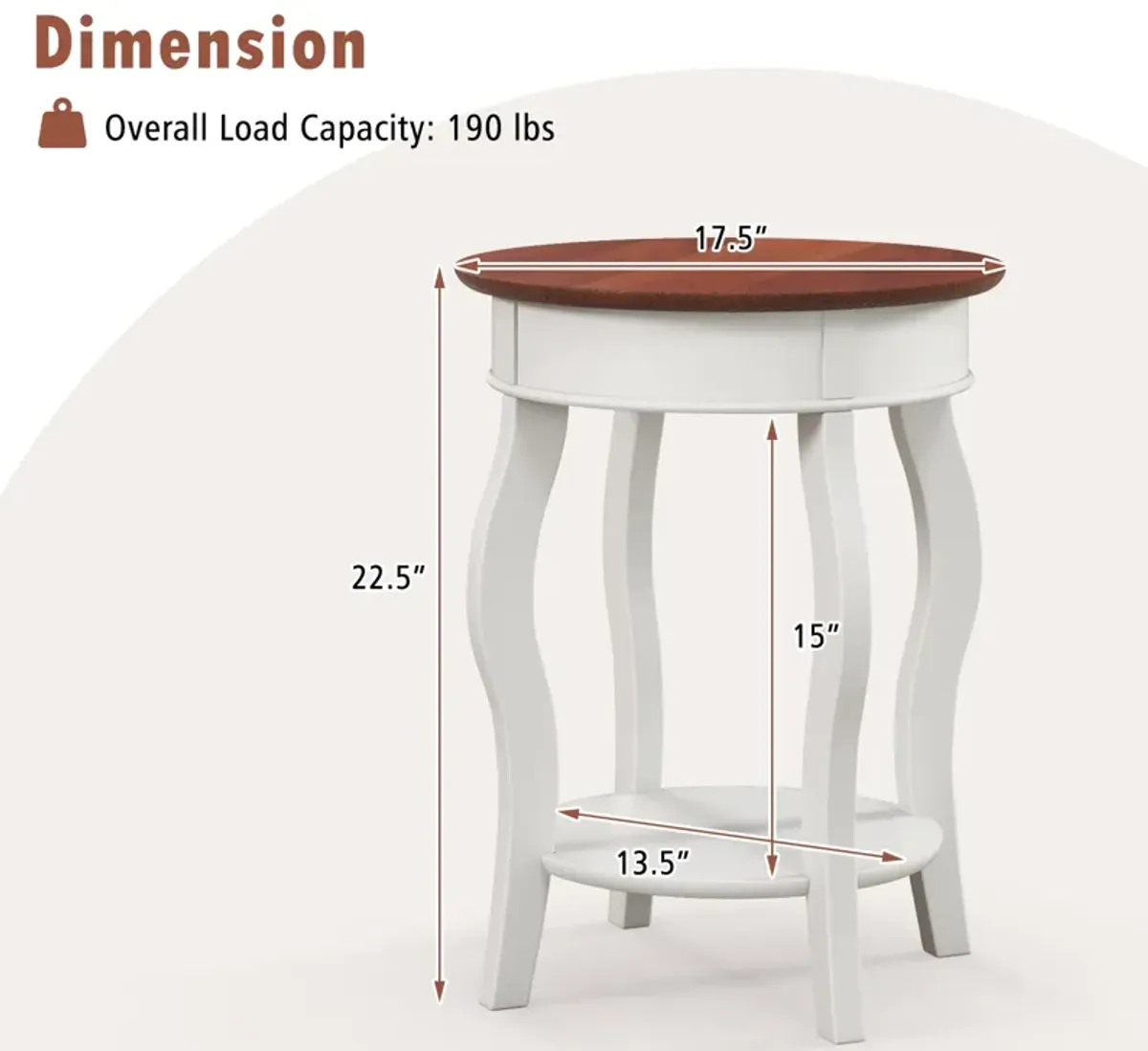 2-Tier Round End Table with Storage Shelf and Solid Rubber Wood Legs for Living Room or Bedroom