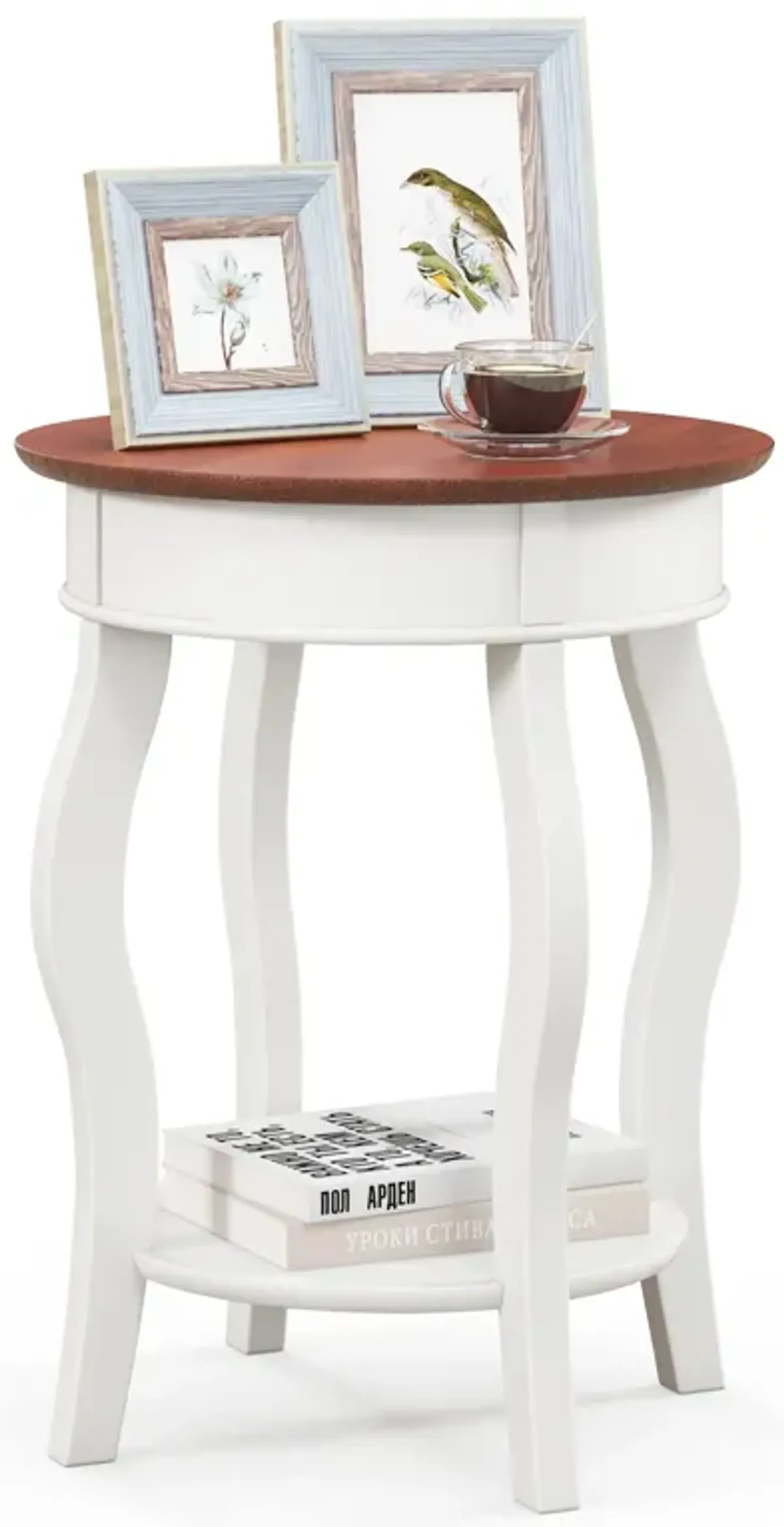 2-Tier Round End Table with Storage Shelf and Solid Rubber Wood Legs for Living Room or Bedroom