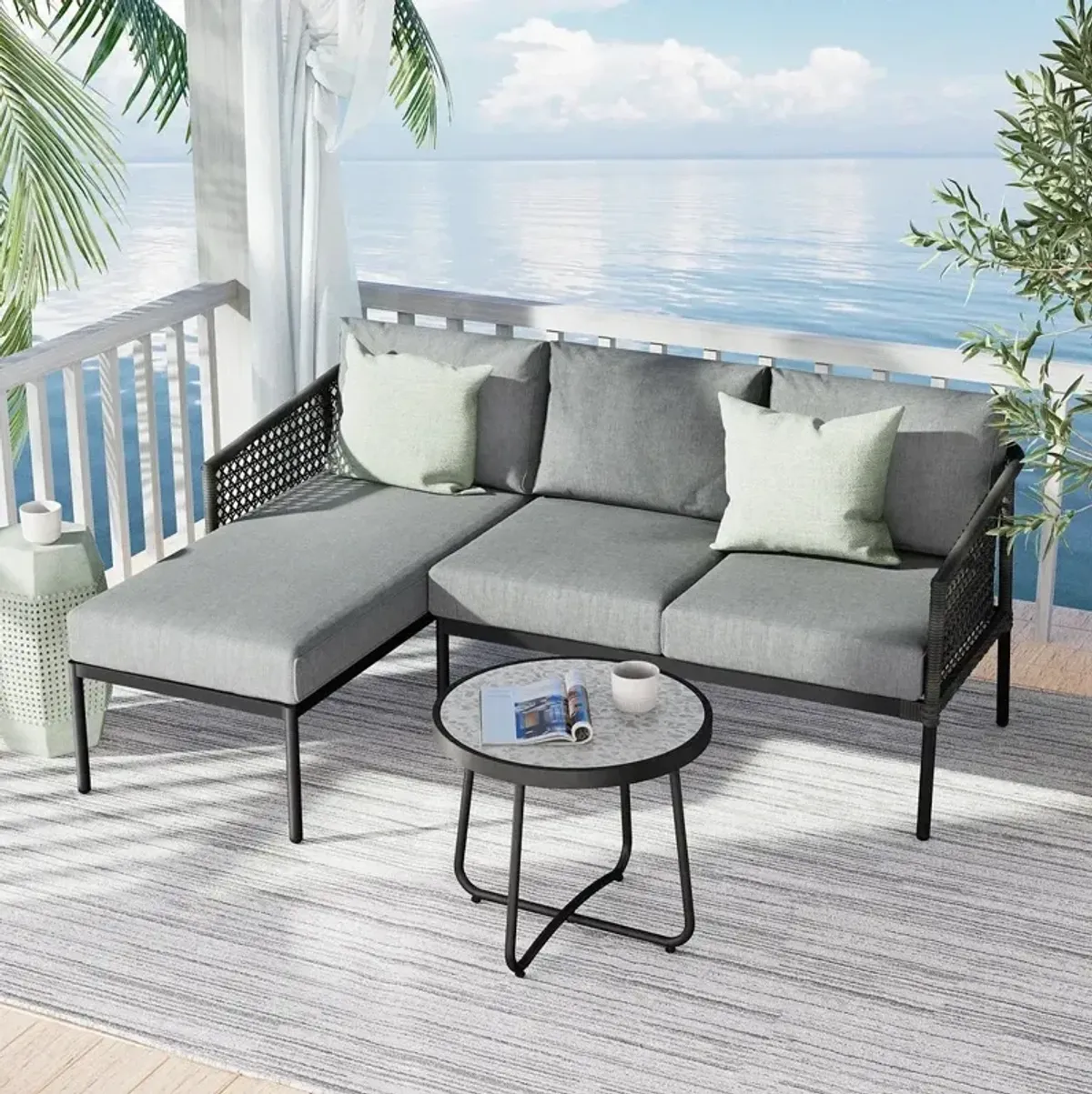 MONDAWE Outdoor Furniture 3 Pieces Set, Hand Woven, All-Weather Wicker Conversation Set for Patio Garden Backyard with Olefin Cushions and Coffee Table