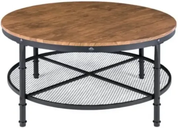 FarmHome Industrial 2-Tier Round Coffee Table – Wood and Steel with Functional Storage Shelves