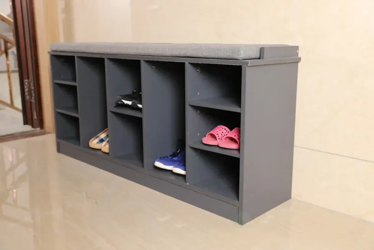 Wooden Shoe Cubicle Storage Entryway Bench with Soft Cushion for Seating