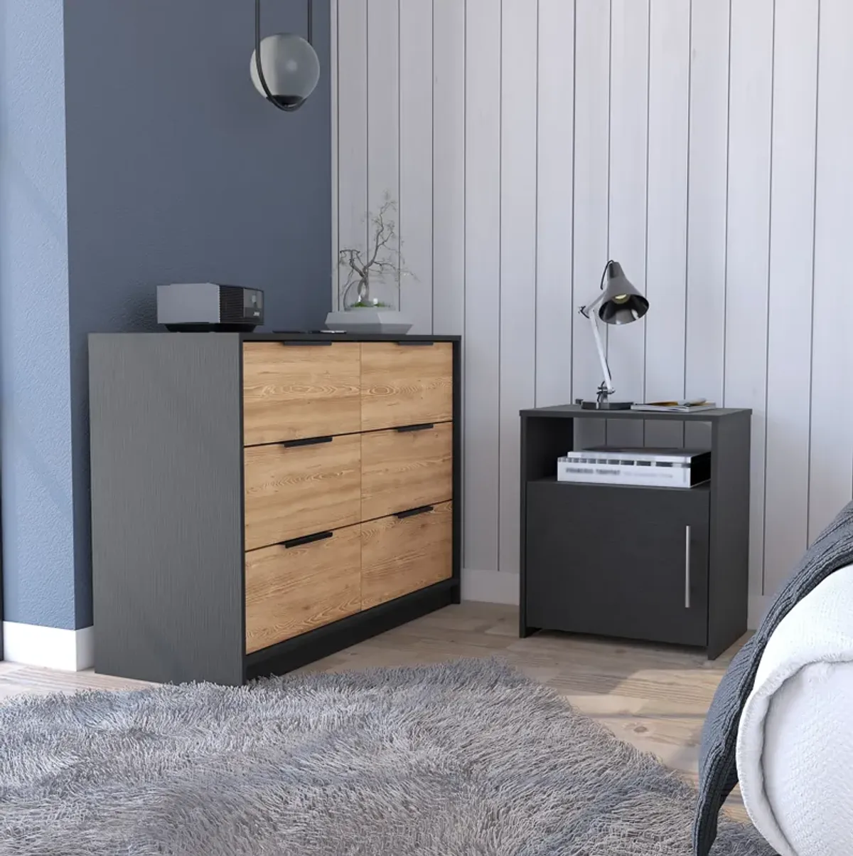 DEPOT E-SHOP Bangor 2 Piece Bedroom Set, Egeo 4 Drawer Dresser + Omaha Nightstand, Black / Pine
