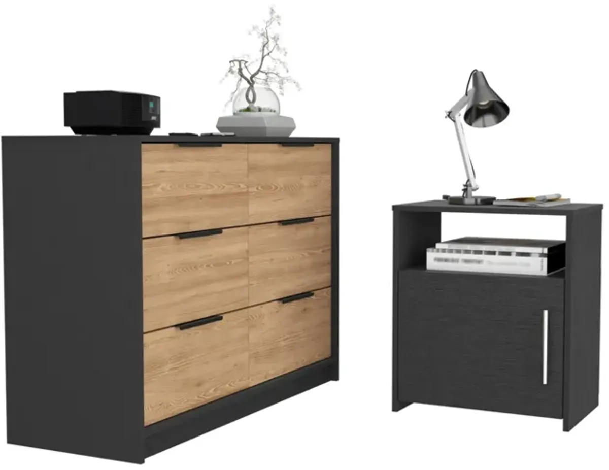 DEPOT E-SHOP Bangor 2 Piece Bedroom Set, Egeo 4 Drawer Dresser + Omaha Nightstand, Black / Pine