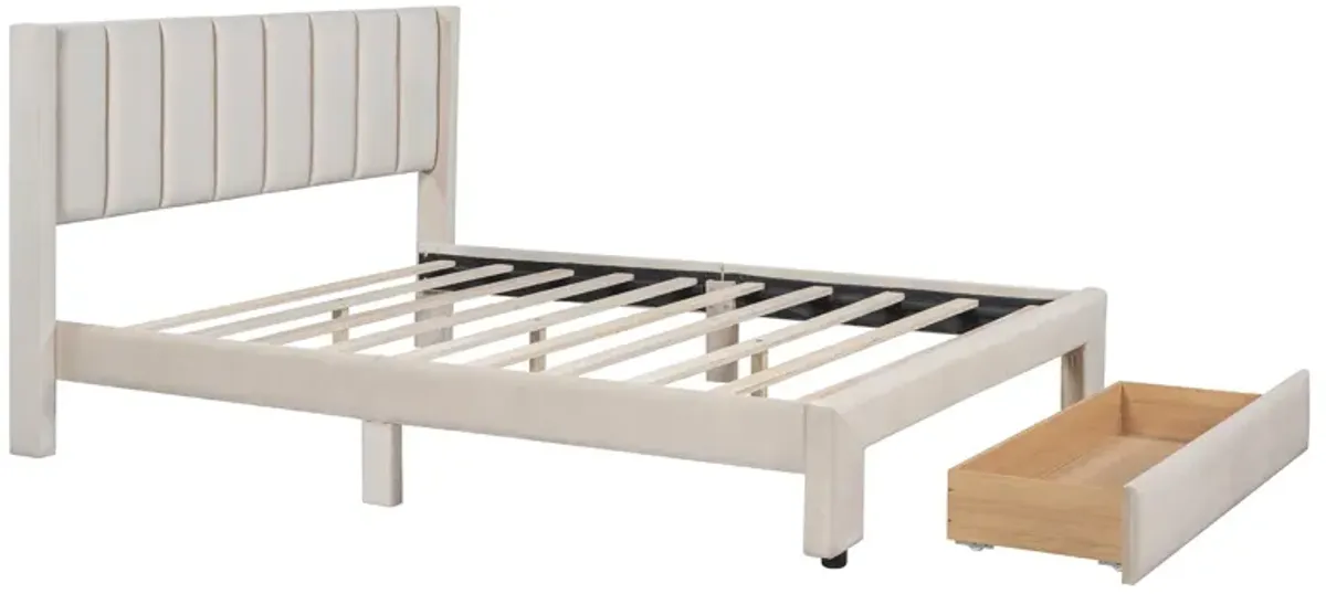 Merax Velvet Upholstered Platform Bed with a Drawer