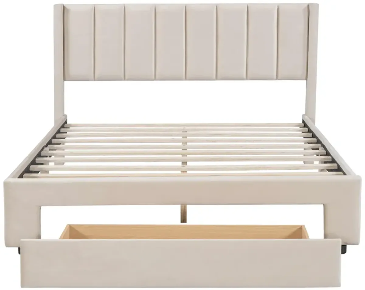 Merax Velvet Upholstered Platform Bed with a Drawer