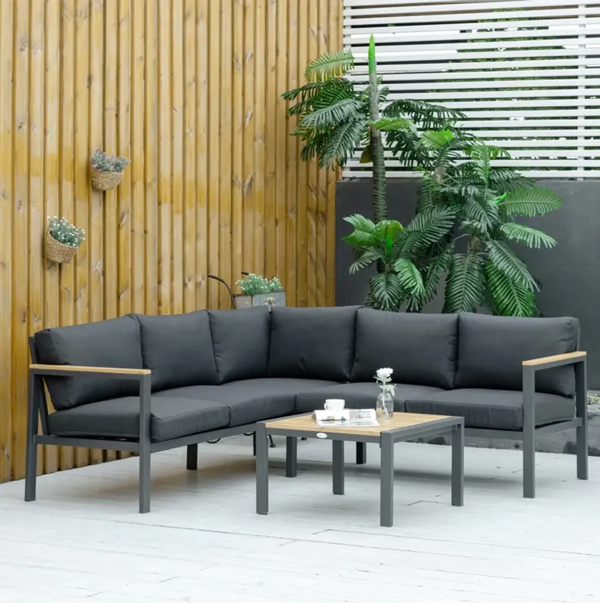 Dark Grey Patio Lounge: 5-Seater L-Shaped Aluminum Sectional Set