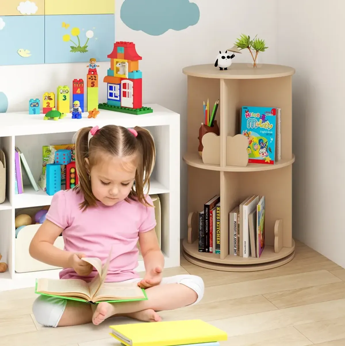 Cute Bear 2-Tier Kids Bookshelf – Rotating Freestanding Book Organizer Rack