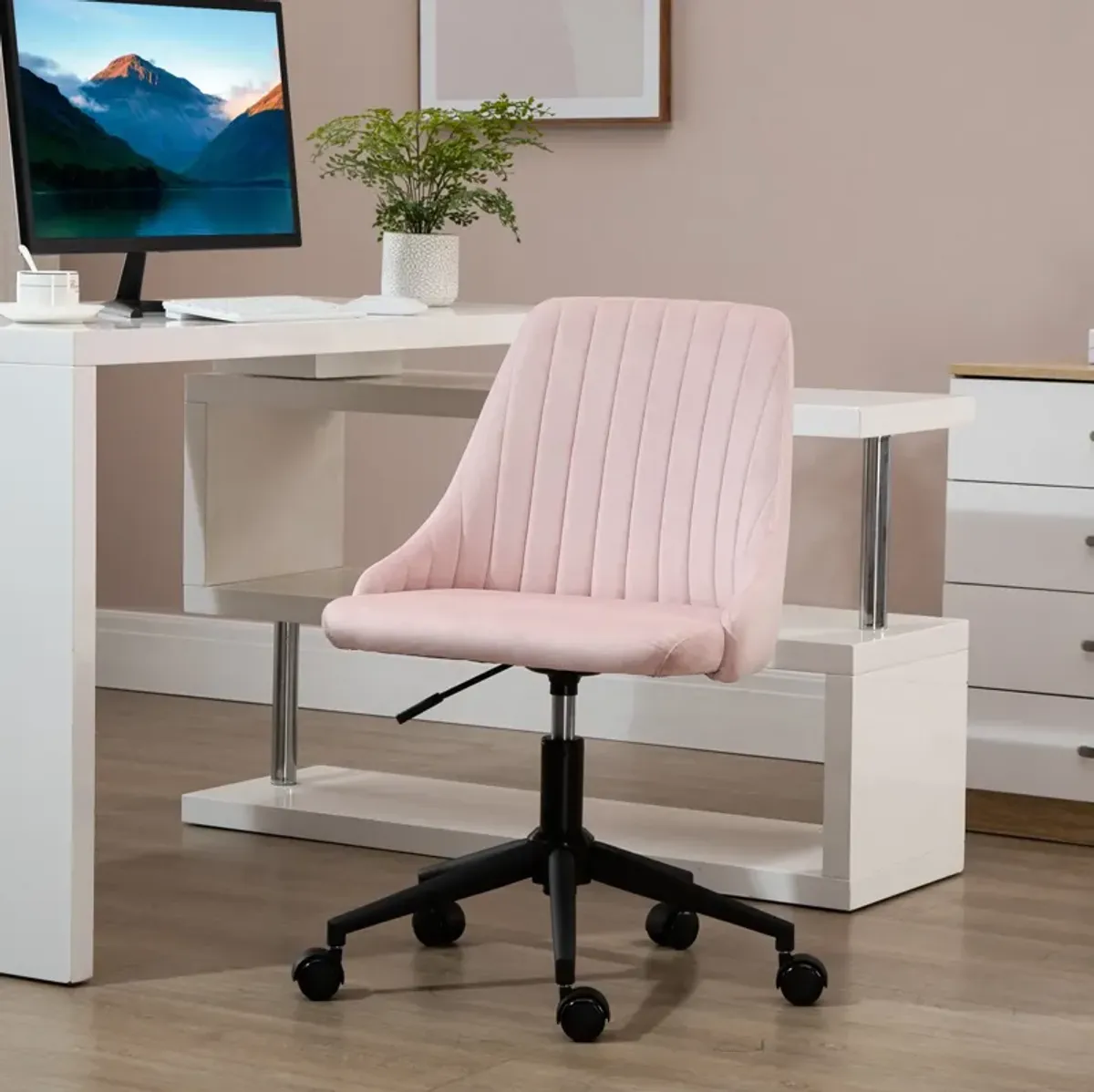 Pink Office Elegance: Velvet Swivel Mid-Back Chair with Scallop Design