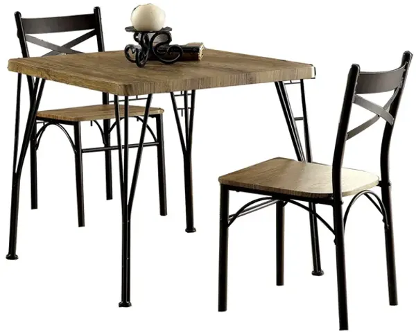 Industrial Style 3 Piece Dining Table Wood And Metal, Brown And Black-Benzara