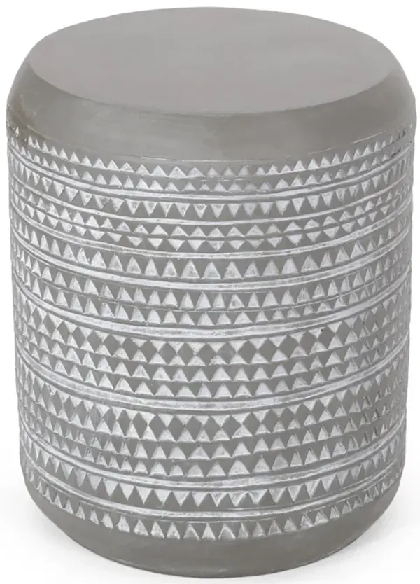 Outdoor End Table, 16 Inch Round Gray Faux Concrete w White Pattern - Benzara