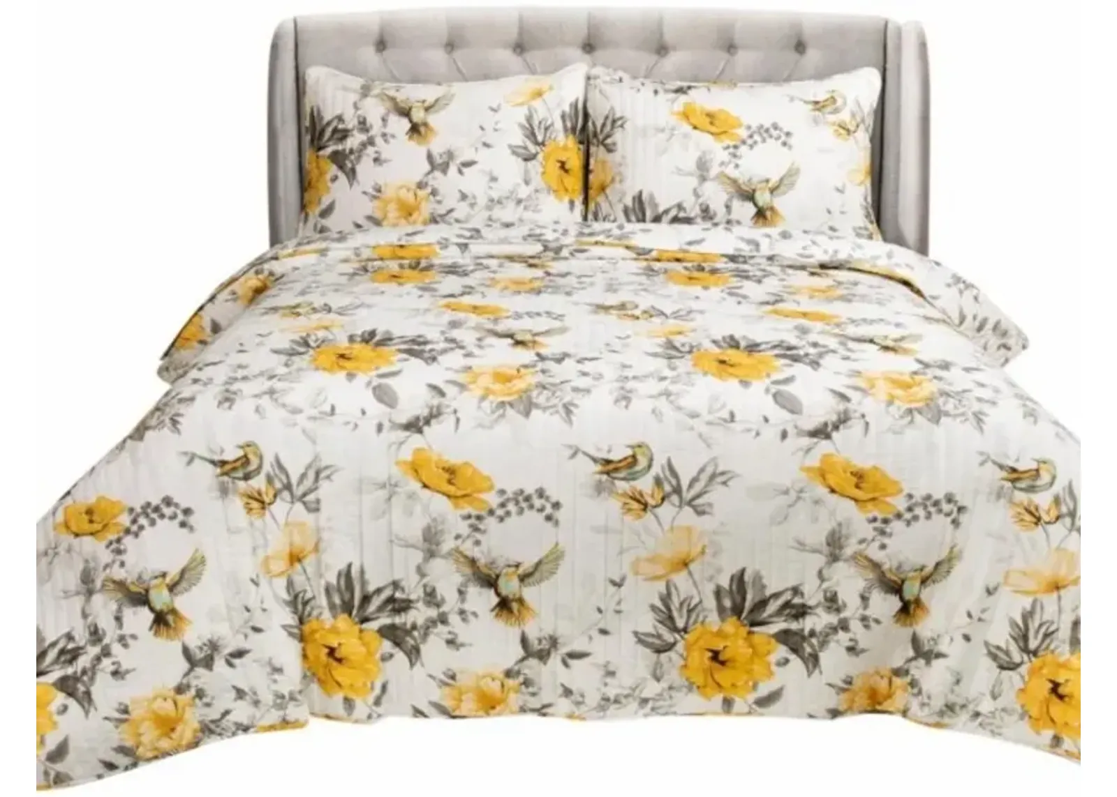 QuikFurn King size 3 Piece White Yellow Grey Reversible Floral Birds Cotton Quilt Set