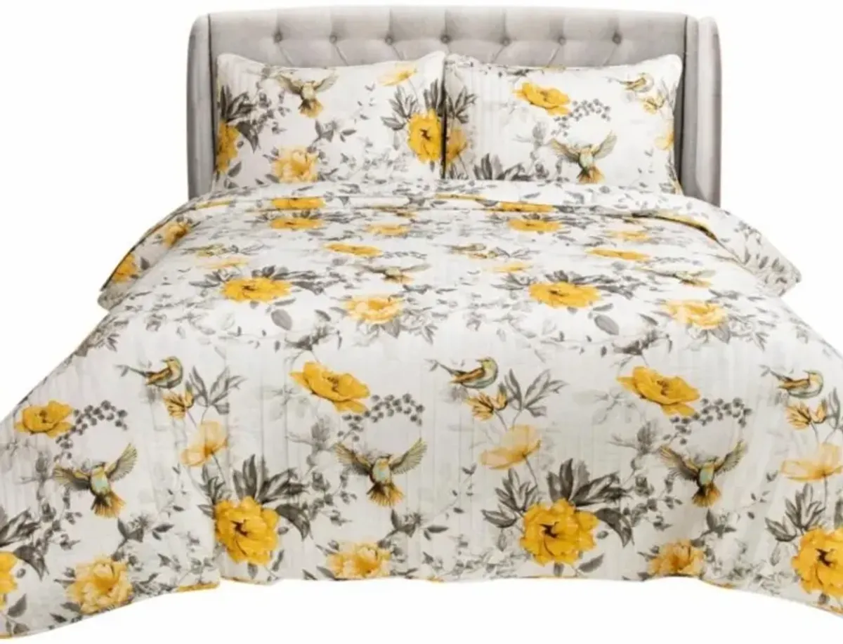 QuikFurn King size 3 Piece White Yellow Grey Reversible Floral Birds Cotton Quilt Set